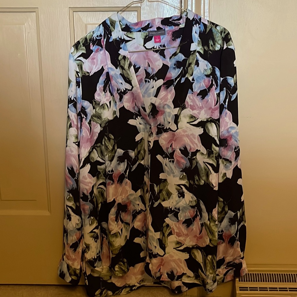 Floral watercolor top with black background.